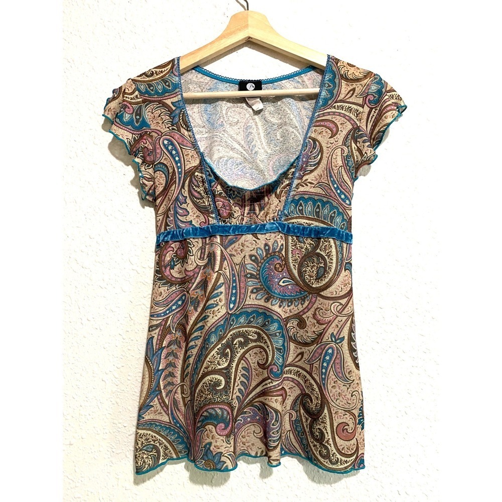 Anxiety Vintage Y2K Paisley Babydoll Top Teal Velvet Empire Waist Large grunge